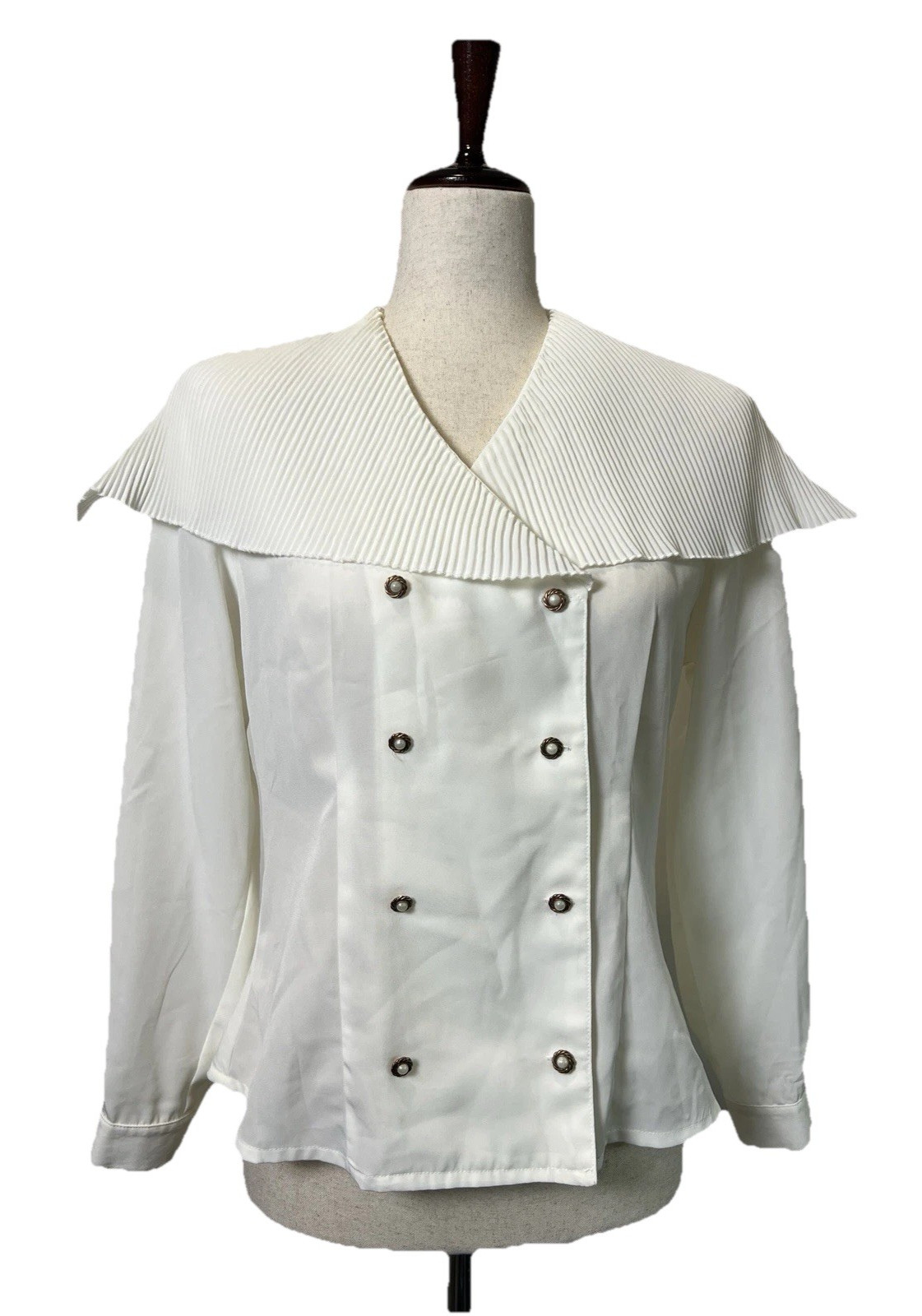 Vintage 80s Basic Line White Long Sleeve Cottagecore Prairie Pleated Collar XXS