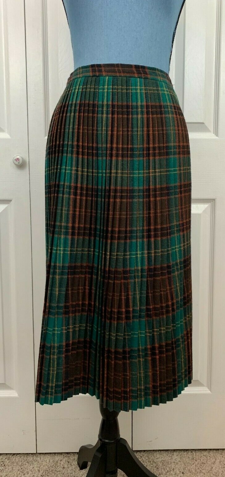 Vintage Adam & Yve Plaid Wool A Line Midi Accordion Pleats Retro Skirt 25″
