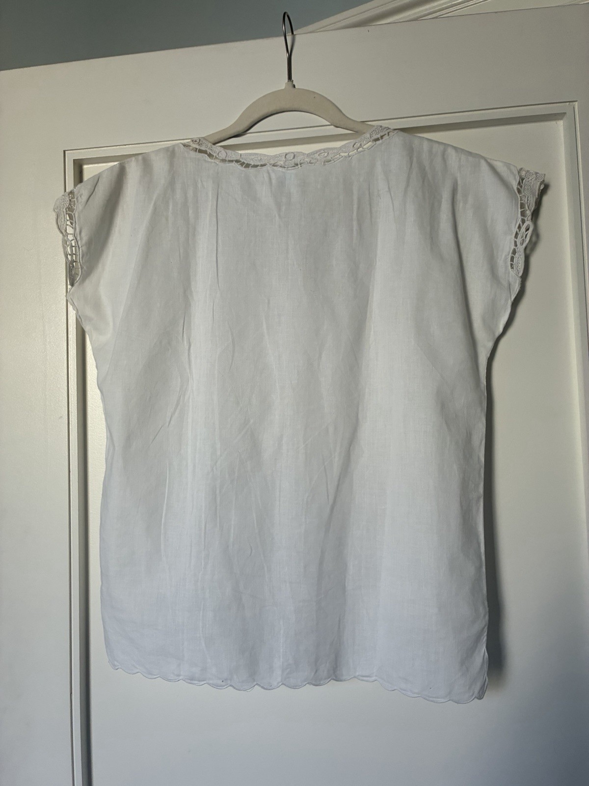 Vintage Handmade Cotton Blouse with Lace and Embroidery