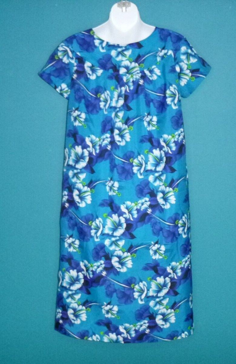 Vtg 60s 70s Ti’a Hawaiian House Dress MuuMuu Blue Aqua Floral Sz S/M