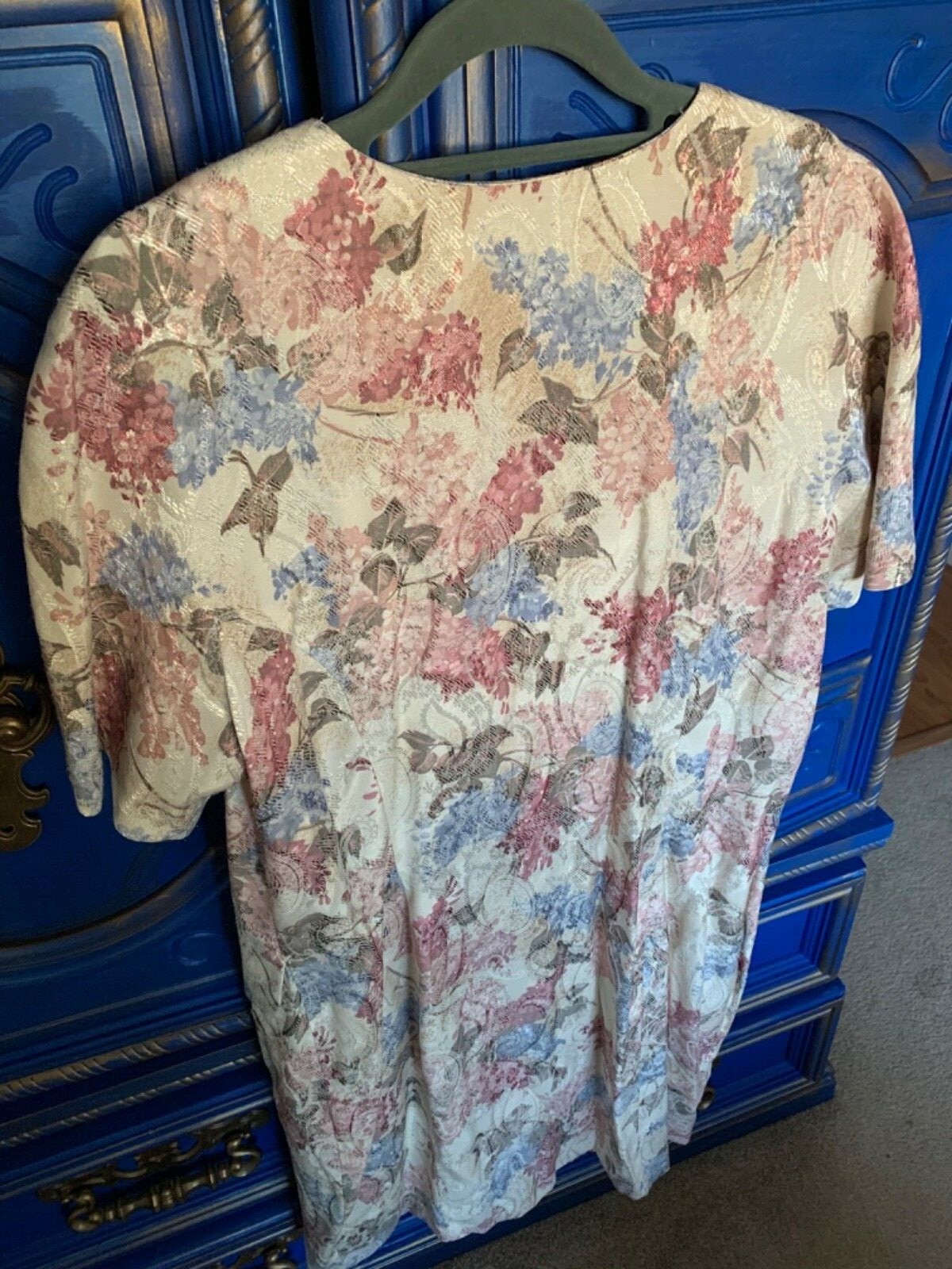 VTG Jazzy Shiny Floral Dress Cream Pink Size 14P Petite Secretary 80s 90s