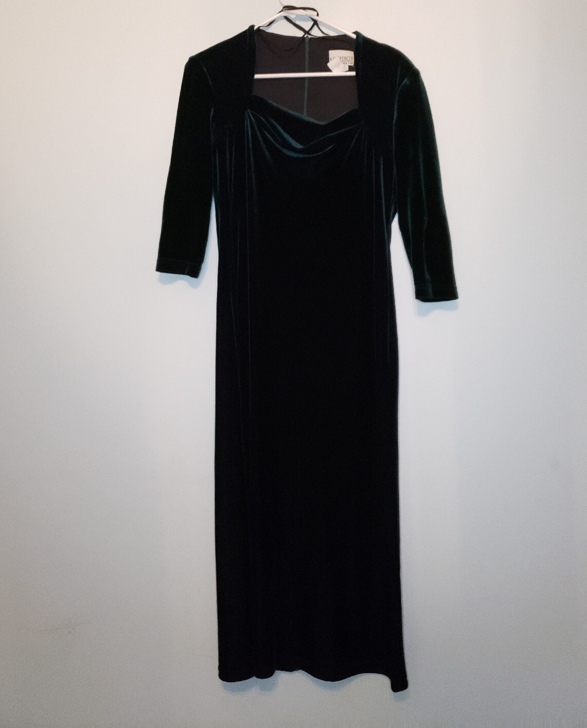 Vtg K.C. Spencer Womens Sz 8 Dress 3/4 Sleeve Green Velour Square Neckline Midi