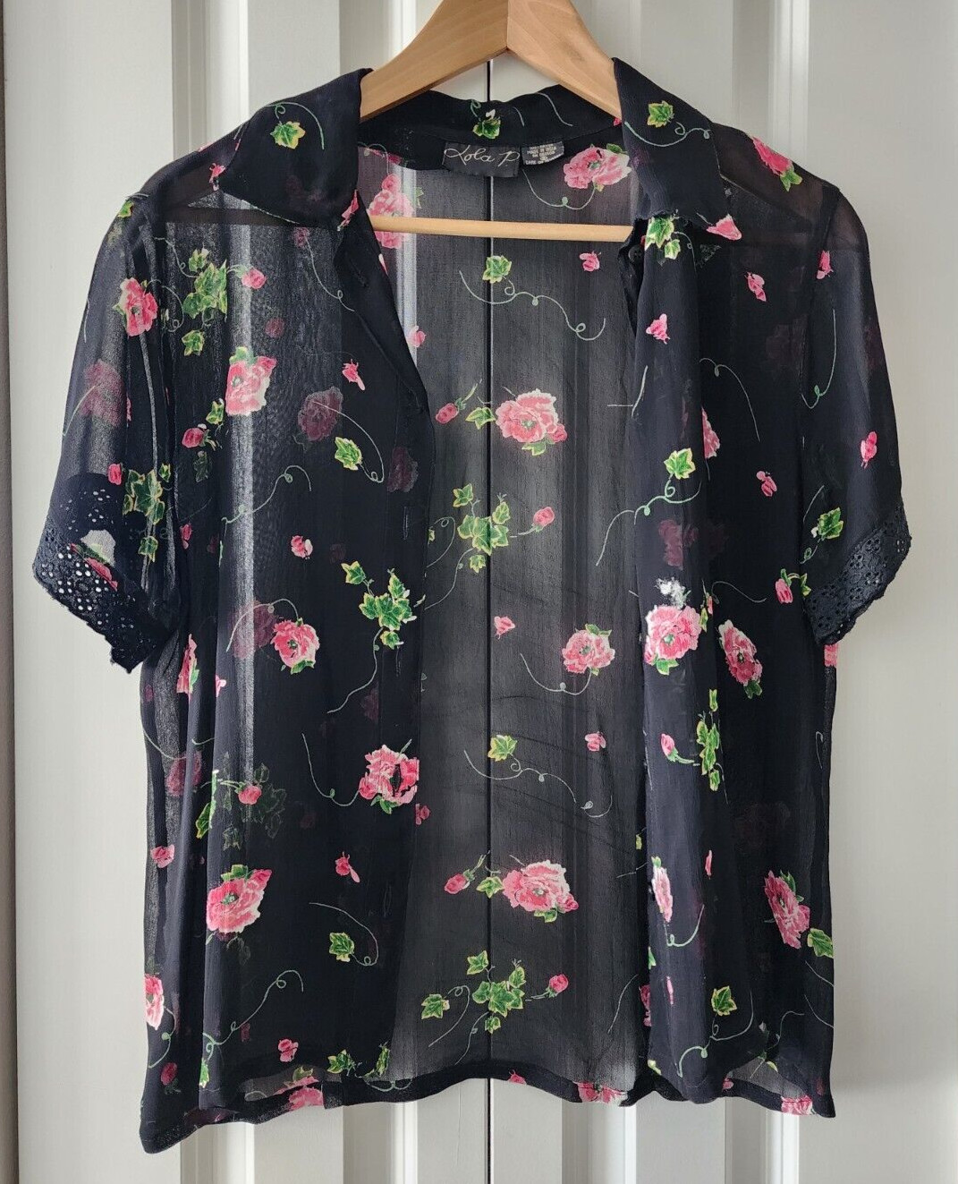 Vintage Lola P. Maxi Dress Black Multicolor Floral Textured Gauze- Size S