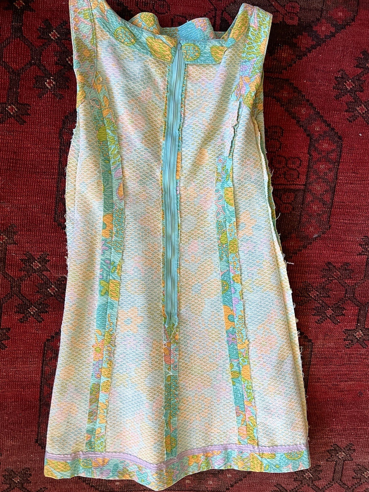 VTG 1960’s Green Pink Orange Damask Floral Shabby Chic Sun Mini Dress S M GREAT