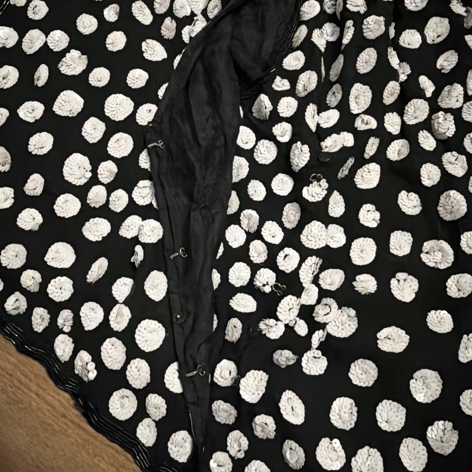 Vtg Judith Ann Creations 100% Silk Beaded Sequin Jacket Black White Polka Dot M