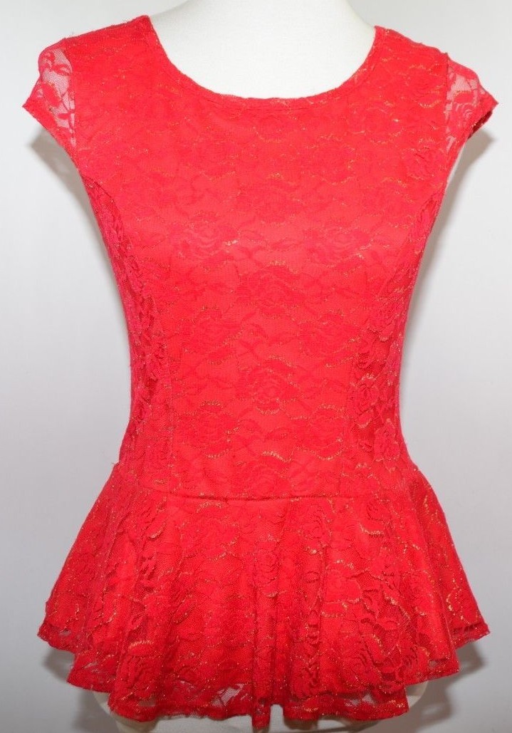 VTG IZ Byer Red Floral Glitter Lace Glitter Sheer Fitted Peplum Women S USA Made