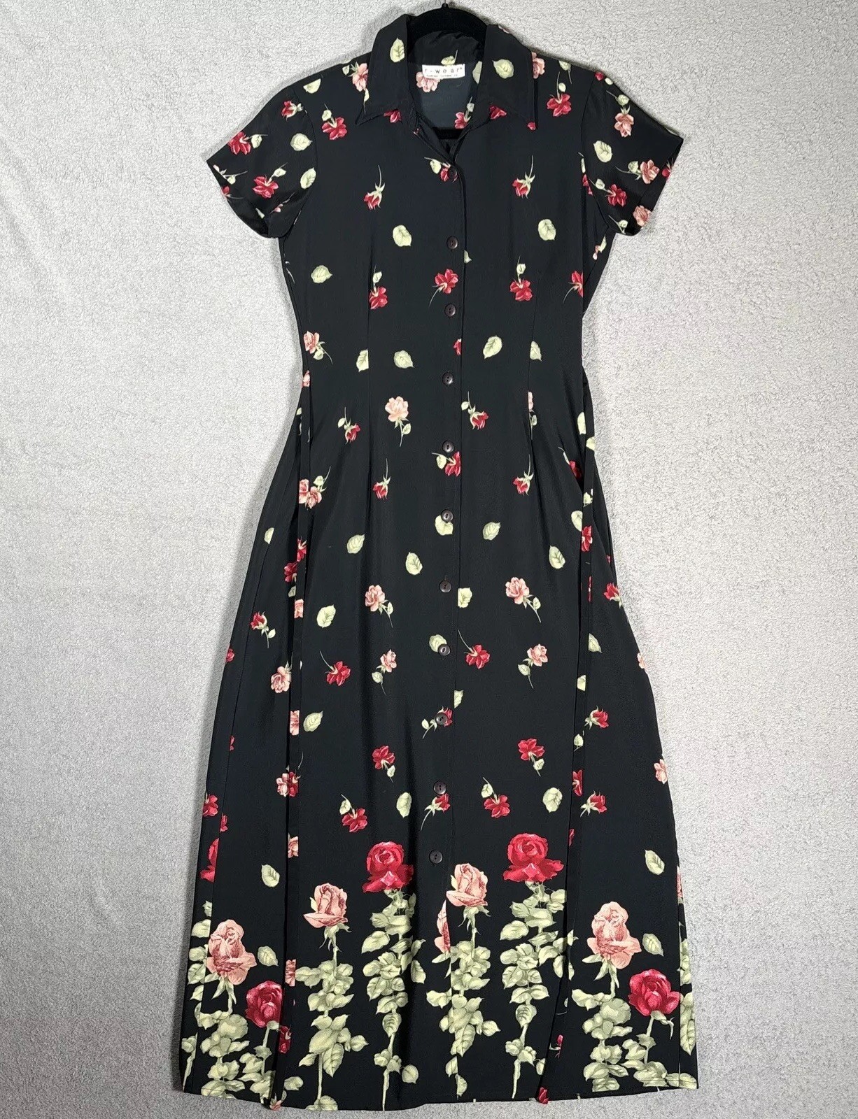 Vintage R Wear Rampage Dress Women’s Size 33″ Waist Dark Floral Roses Black 90s