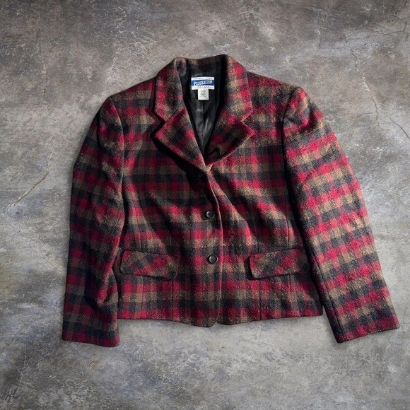Pendleton Red Black Plaid Virgin Wool Blazer Jacket Petite Vintage Women’s