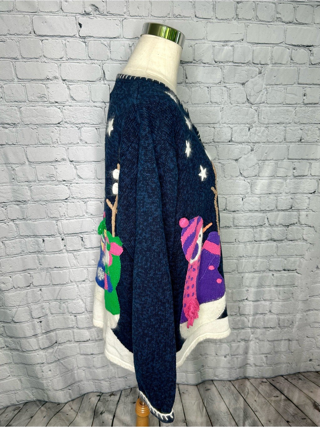 Grandma Eclectic Snowman Vintage Cardigan Navy Blue Knit Button Front