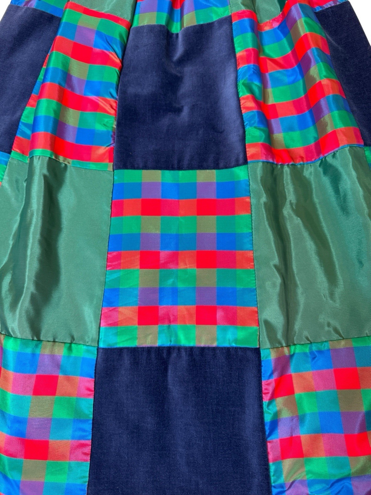 Vintage Mr. Hank 80s Ugly Christmas Prairie Patchwork Velvet+Taffeta Midi Skirt
