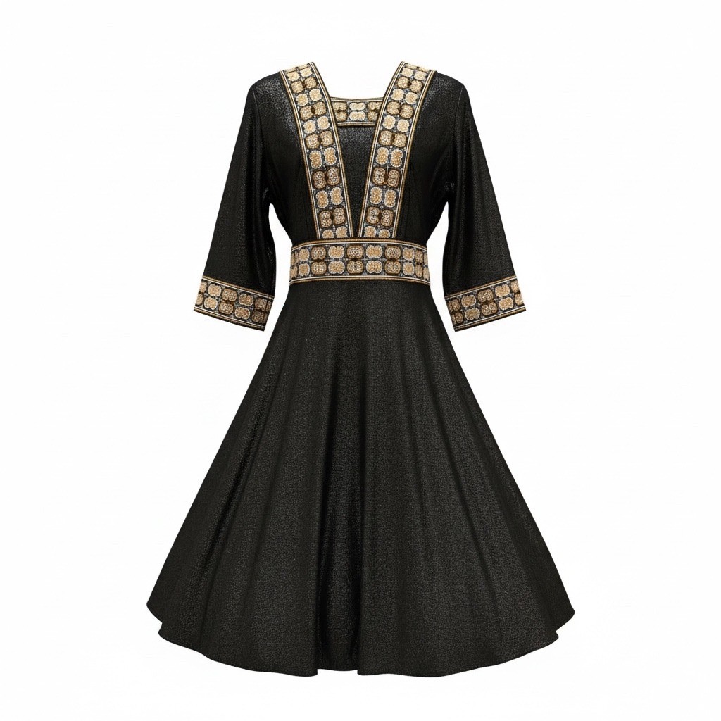 Vintage 90s Black Metallic Gold Embroidered Trim Fit Flare Tie Back Dress L