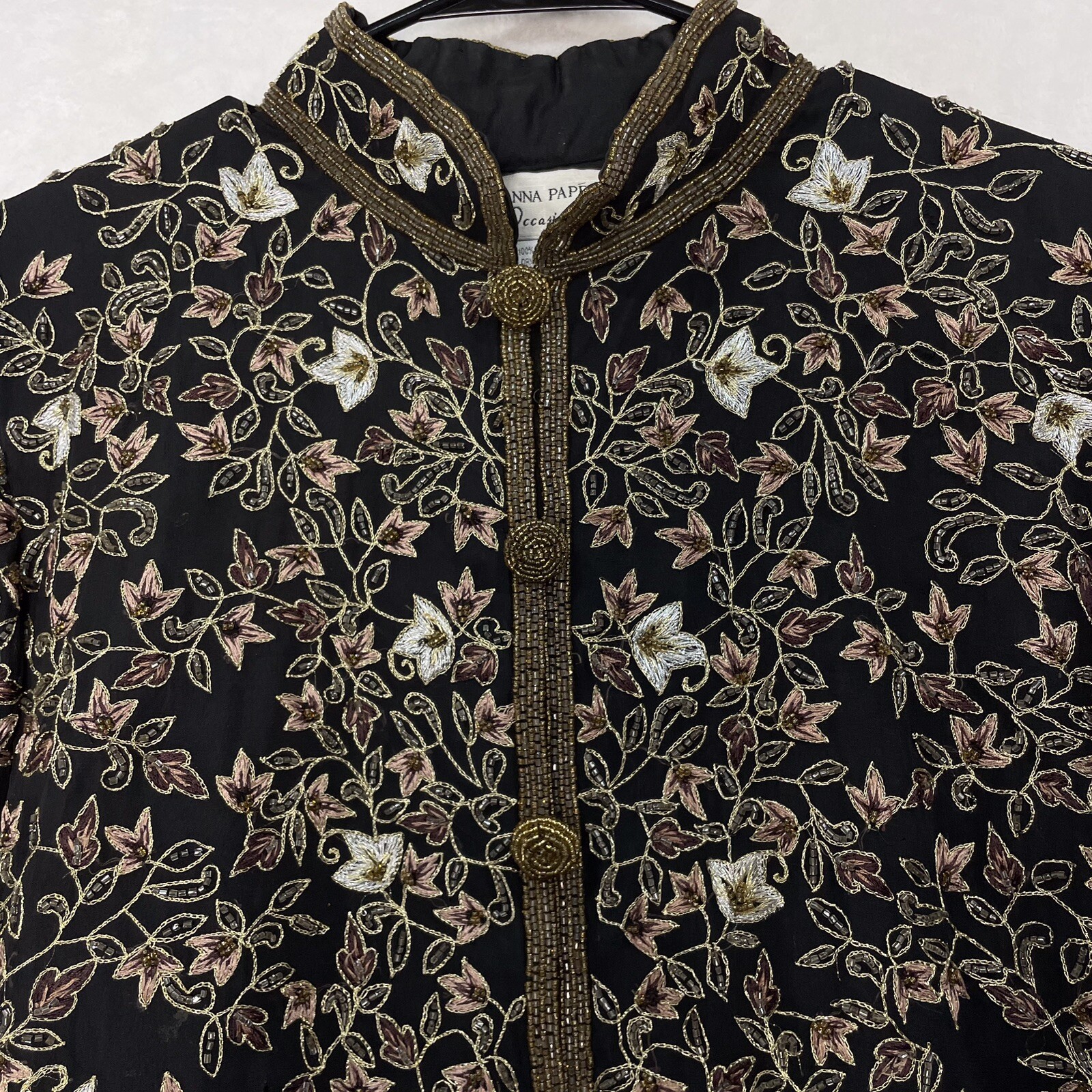 VTG Adrianna Papell Evening Silk Beaded Embroidered Jacket 16 Black Silver Gold