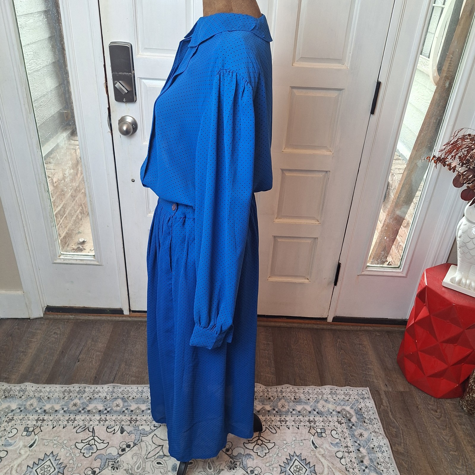 Vtg 80’s Compositions Skirt & Blouse Set, Blue With Black Polka Dots, Size…