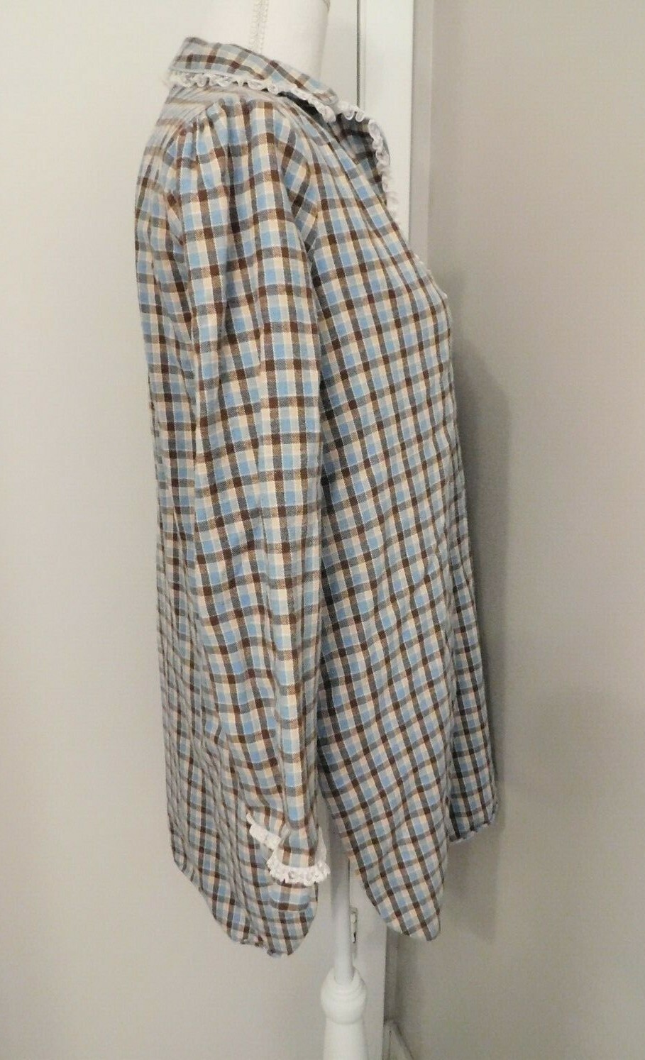 Vintage Size Small Blue Beige Brown Checkered Brandywine Short Flannel Nightgown