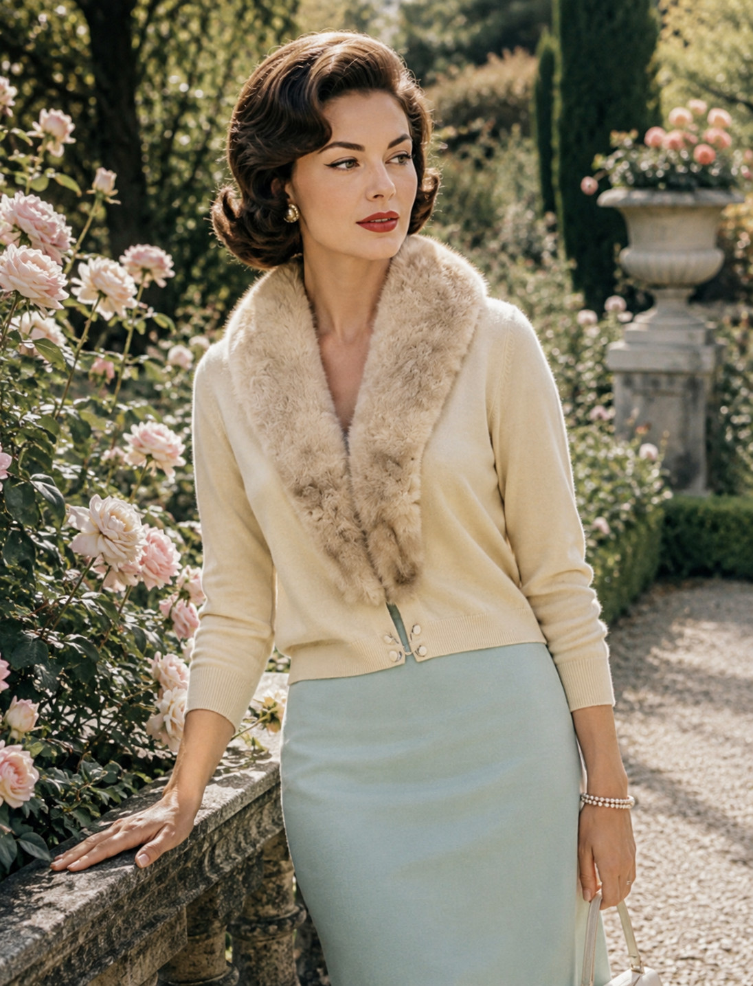 Vtg 50s cream wool cashmere mink fur collar cardigan sweater women READ LISTING