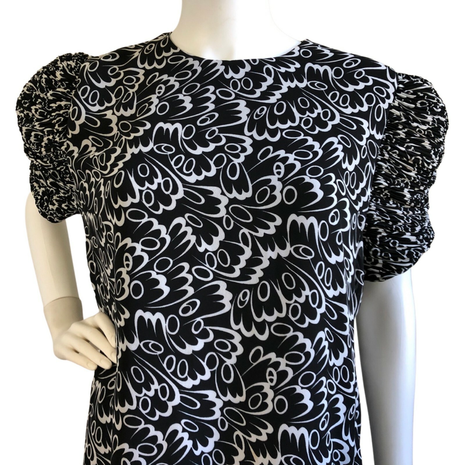 Vintage Fancy Dress 1980s New Old Stock Black White Ruffle Sleeve Hem Size Small