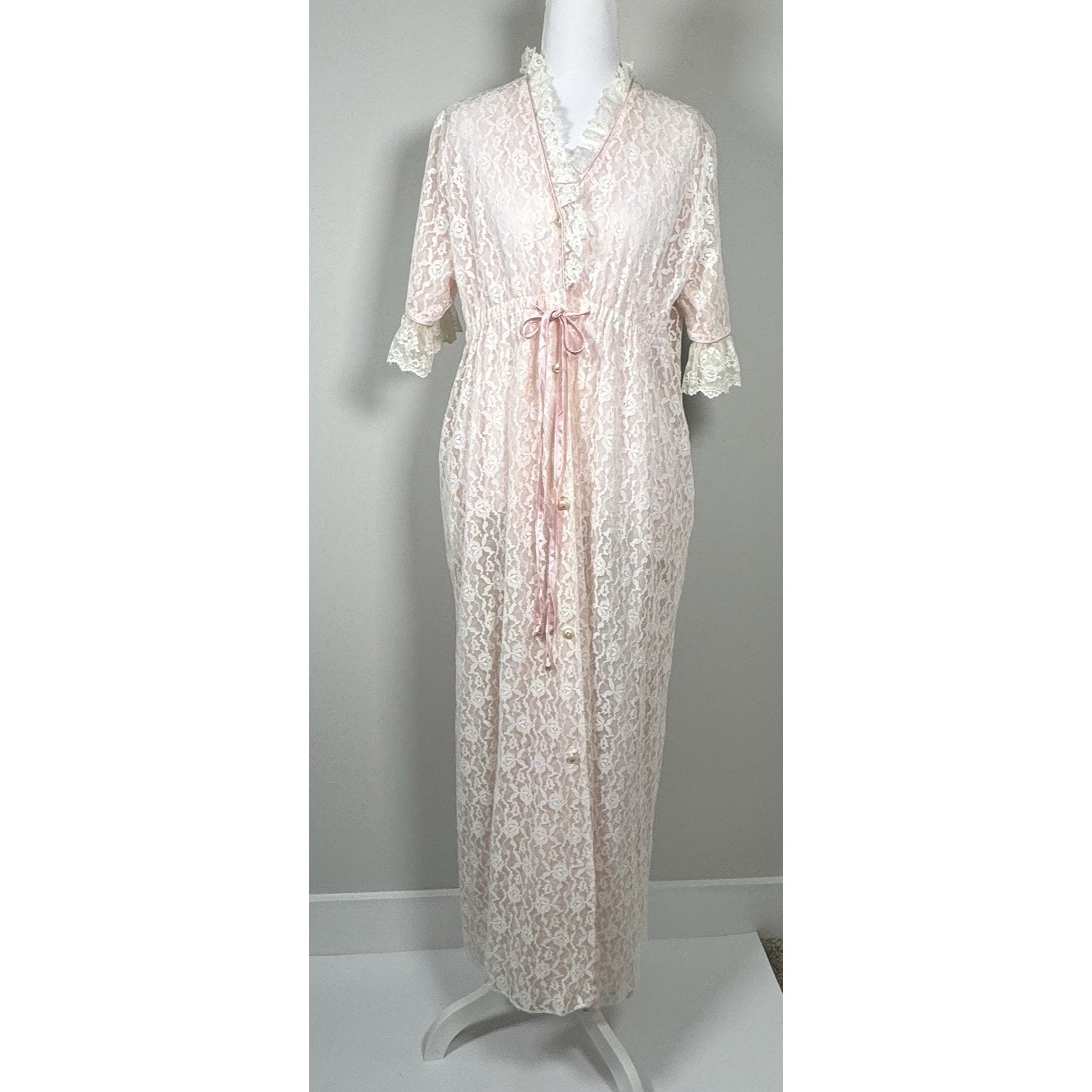 Vintage Pink Lace Maxi Robe Sheer Overlay Pockets Tie Waist Romantic M READ