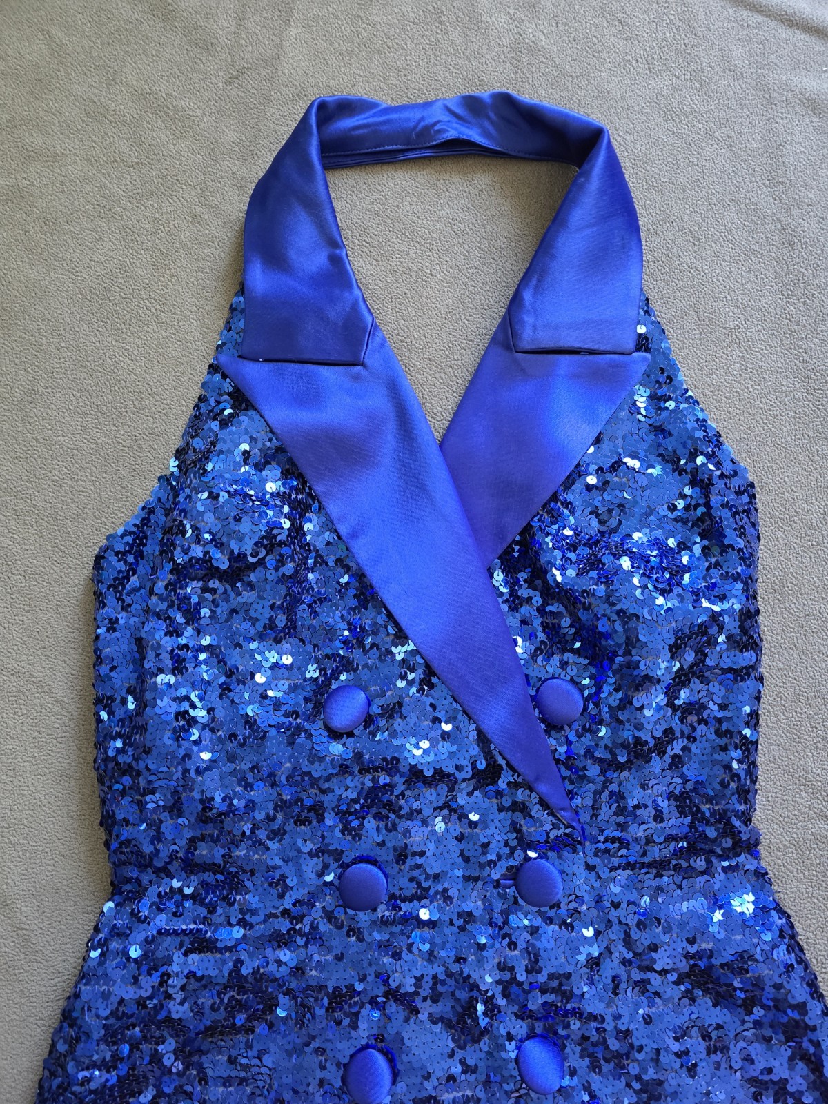 Vintage NITELINE Della Roufogali Royal Blue Sequin Halter Suit Jacket Dress Sz.2