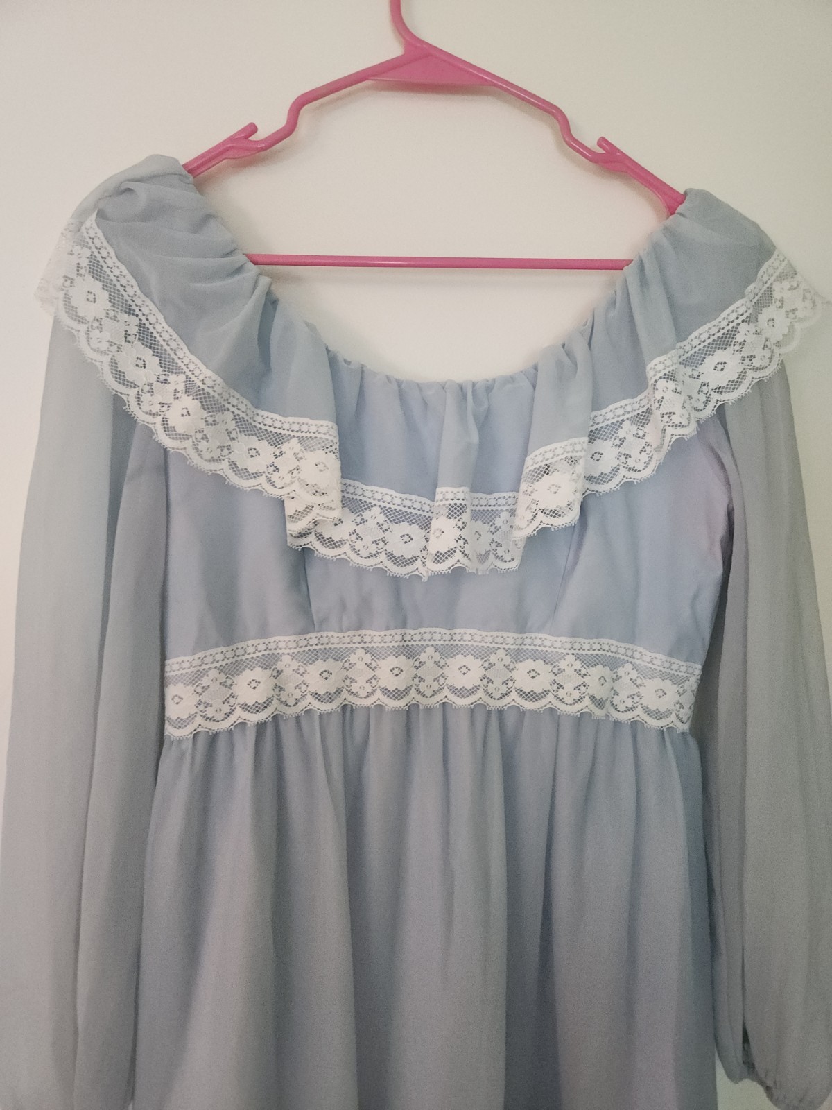 Vintage 1970s Prairie Dress – Off-shoulder, Maxi, Baby Blue