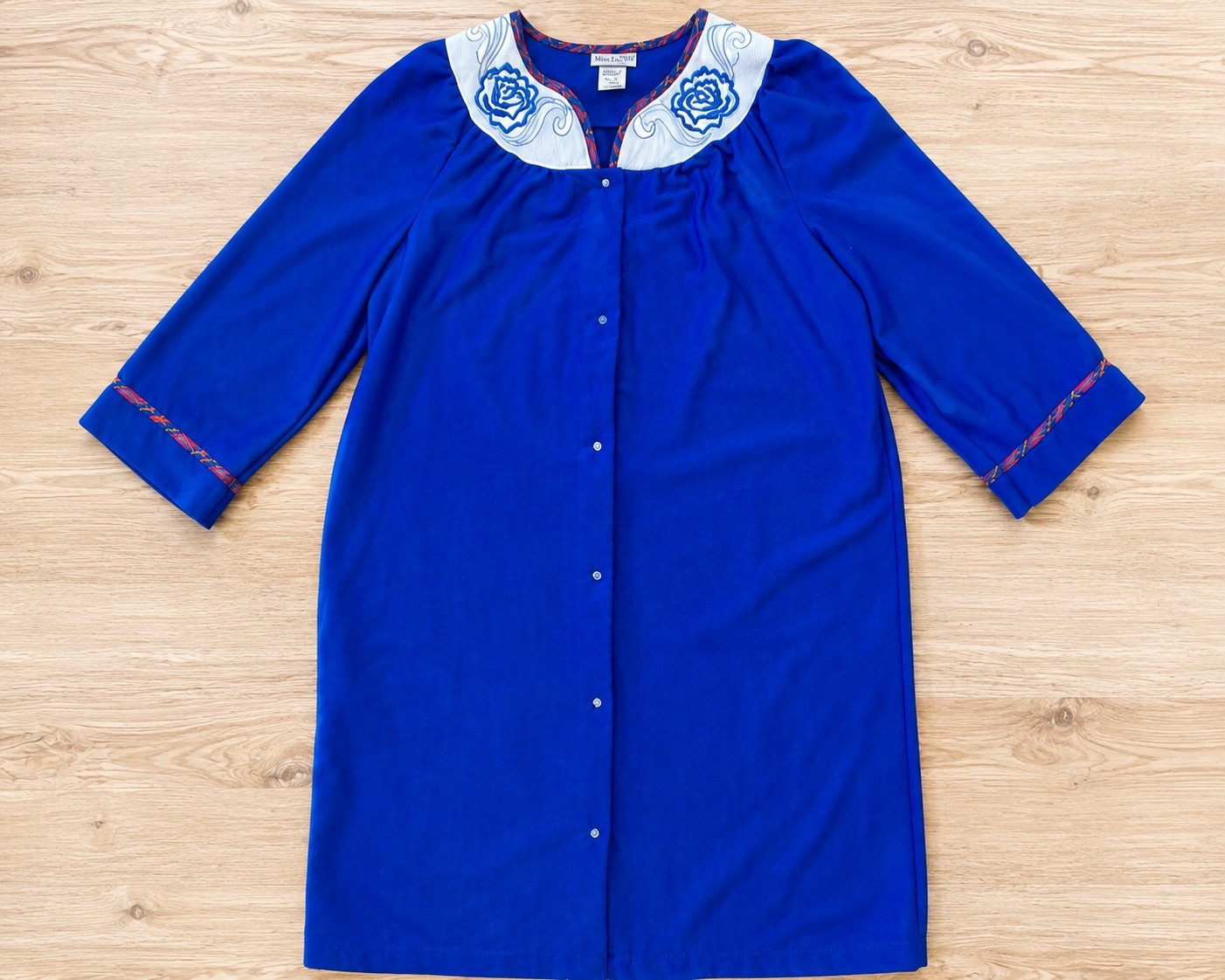 Vintage Dan-Ellen Blue House Dress Snap Front Embroidered Cottagecore USA L