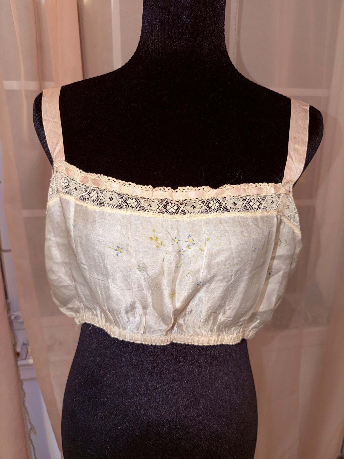 Antique 1920 Flapper Silk Bandeau Bra Camisole Filet Lace Ribbon Trim Lingerie S