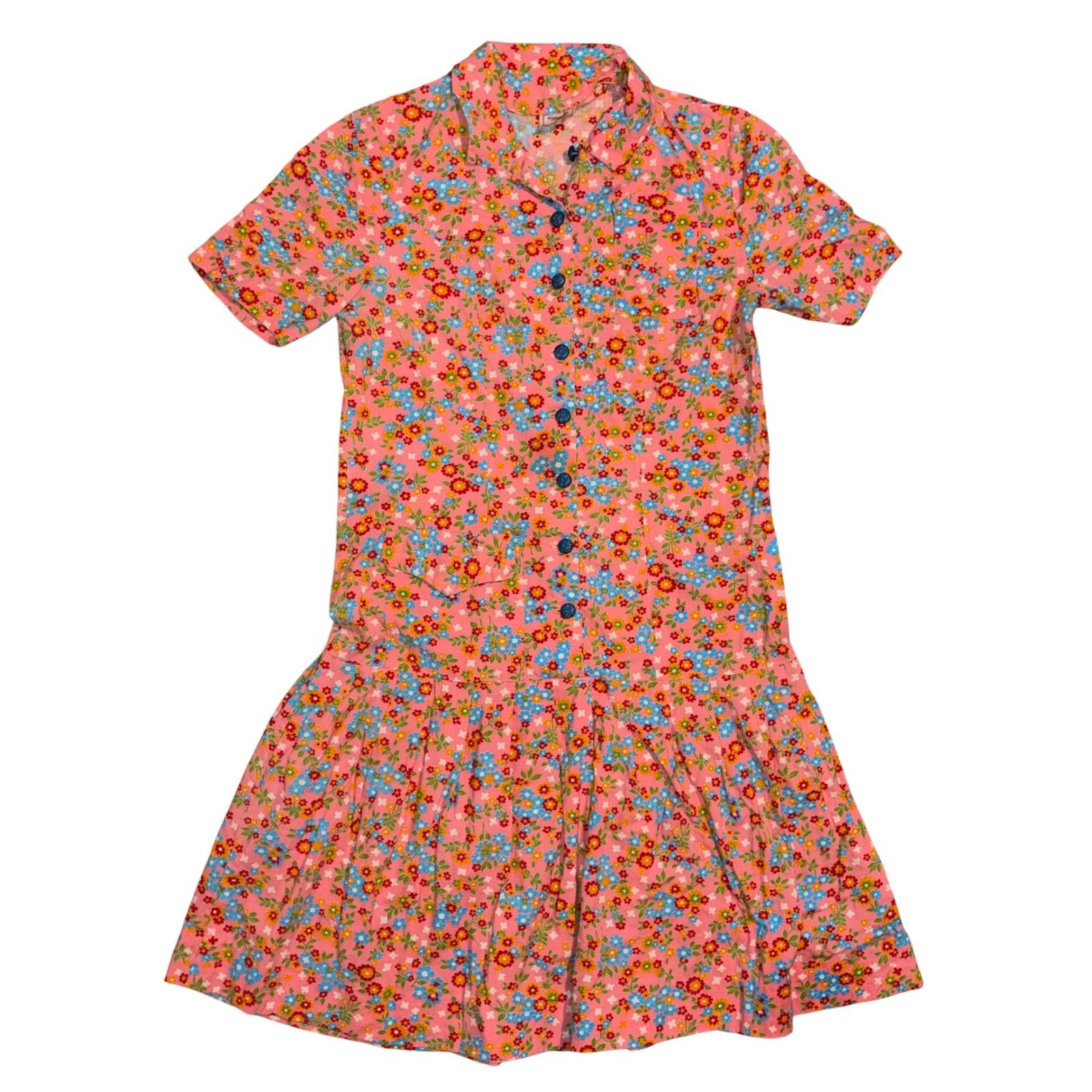 Vintage Nancy Frock Pink Floral Button Down Drop Waist Pleated Skirt Dress S