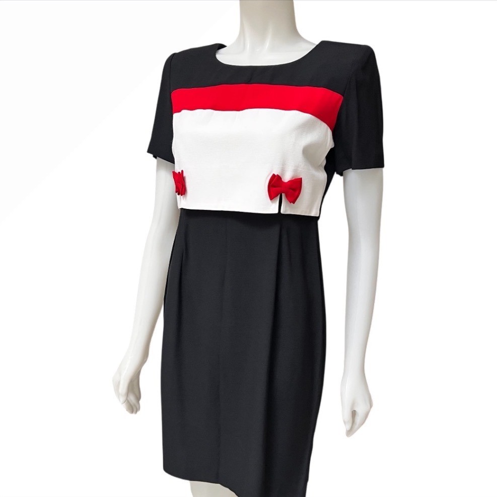 Vintage 90s Colorblock Bow Sheath Dress Retro Mod Office Siren Made in USA SP