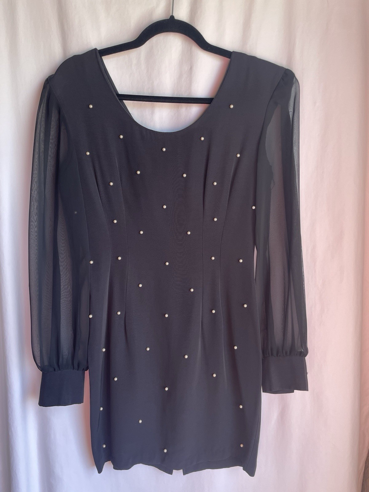 Vintage Dress Size 7/8 Breakin’ Loose Black Sheer Sleeves Pearl Detail 80s 90s