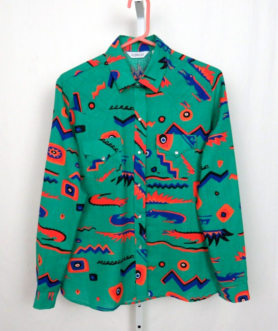 VTG 1970s MOD KARMAN ALLIGATOR SHIRT TEAL GREEN SIZE 15/16 COTTON PEARL SNAPS
