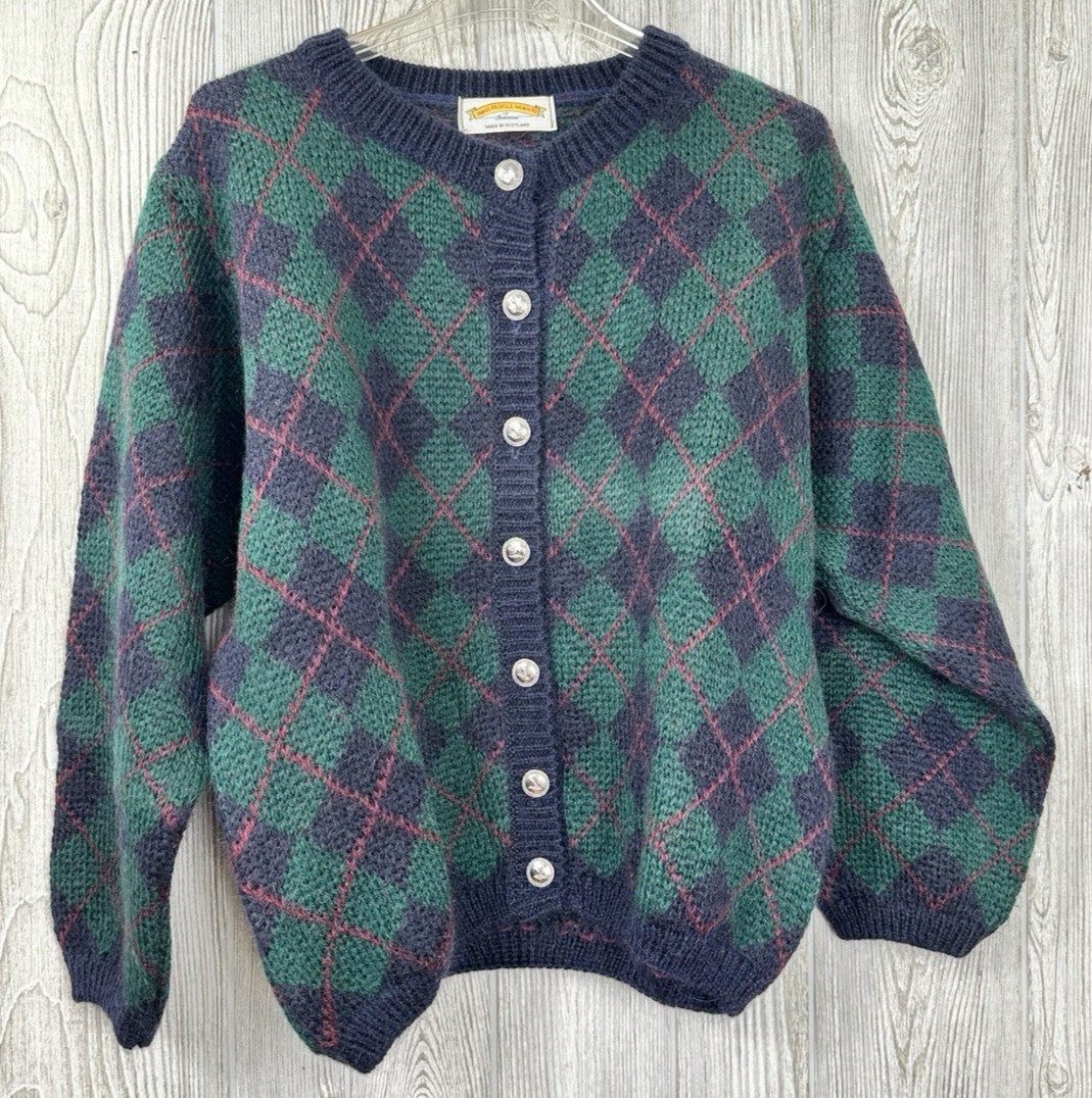 James Pringle Weavers Argyle Knit Mohair Cardigan Size Medium Scotland Relaxed