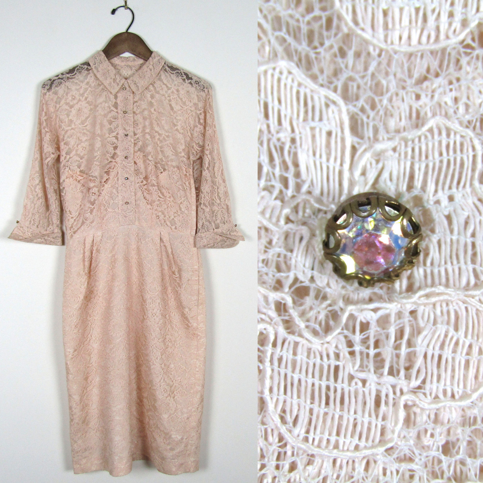 Vtg 50s SEXY PIN UP LACE RHINESTONE BUTTON UP DRESS Beige Sheer Rockabilly 1950s