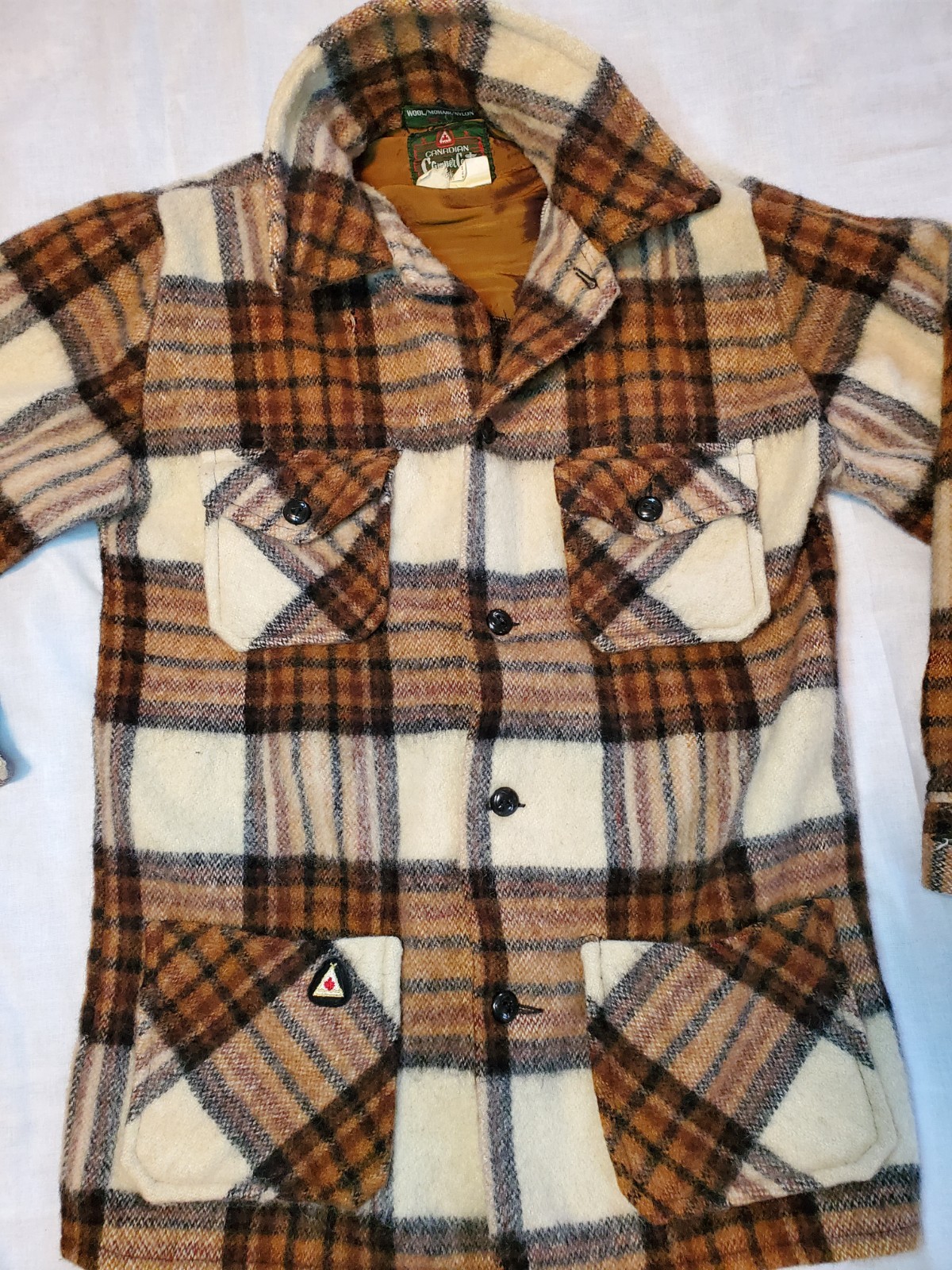 Vintage Wool Mohair Brown Plaid Canadian Camper Coat Bell Shirt Womens Medium