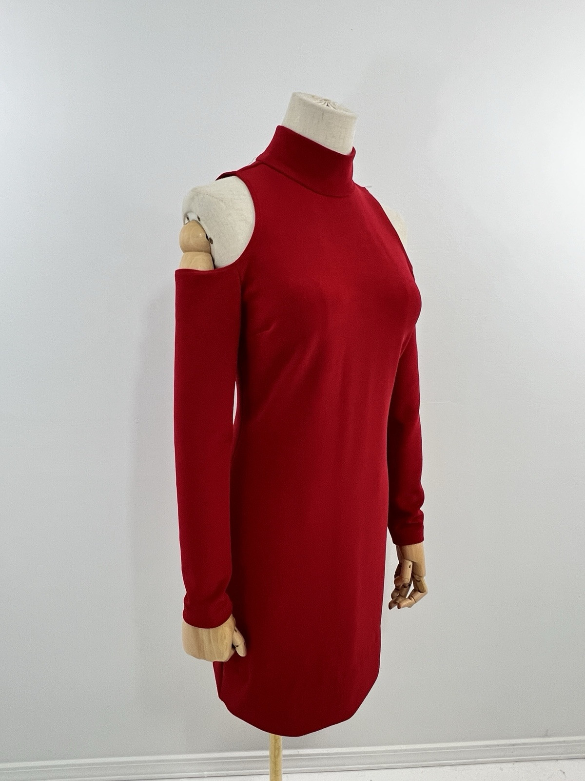 VTG Expo Night Dress Red Bodycon Cold Shoulder Long Sleeve 80s 90s Red 8 Stretch