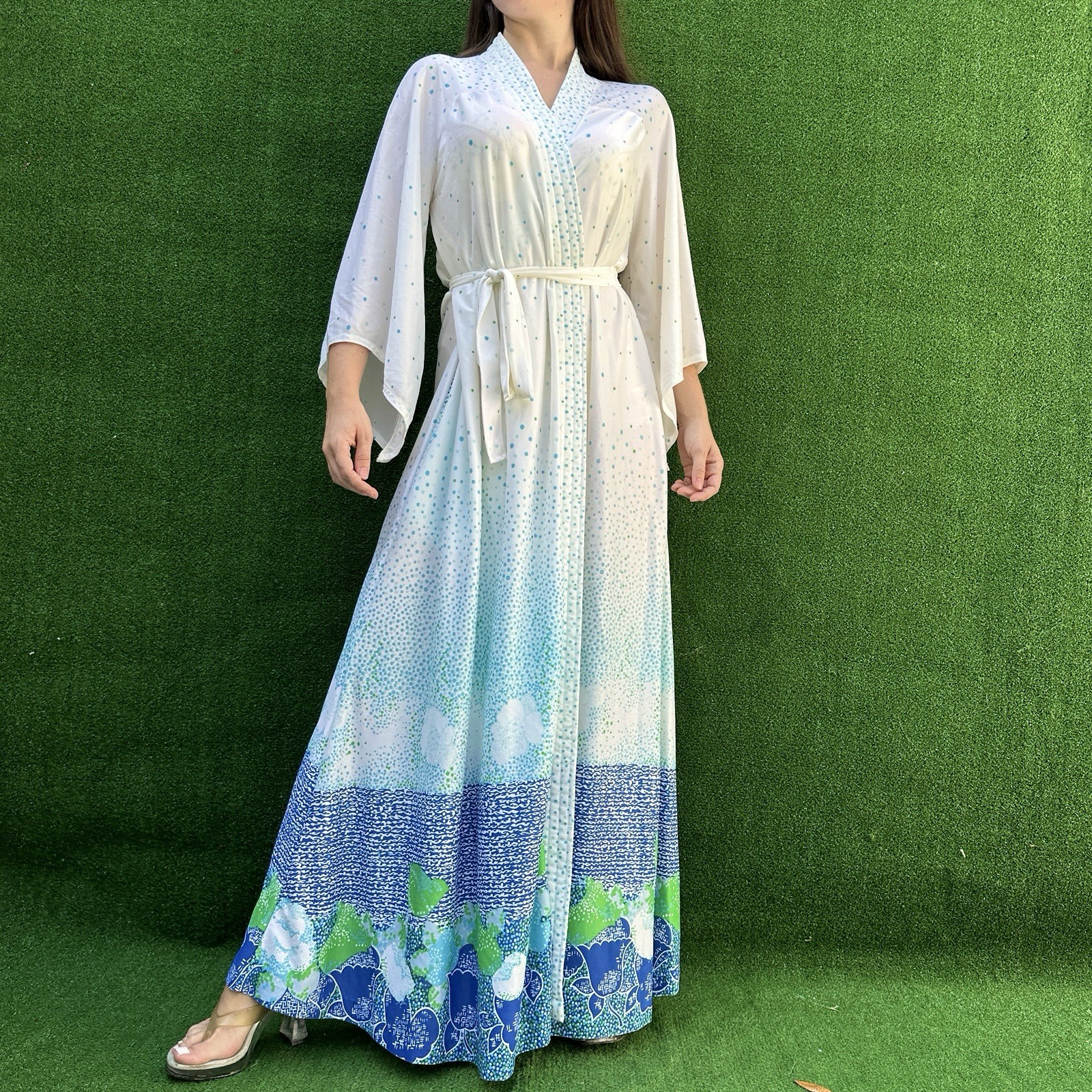 Vintage 70s White Polka Dot Floral Print maxi Robe Sears Size Medium 36