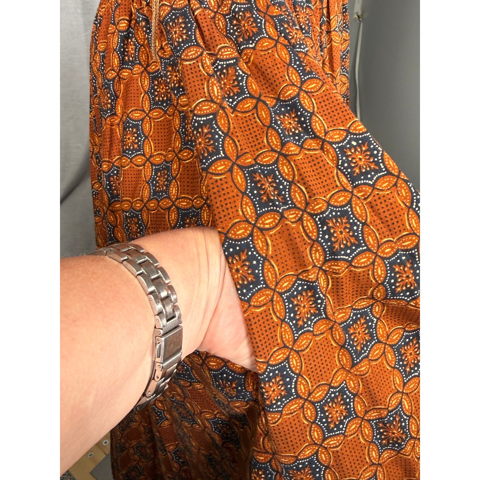 Vintage Saks Fifth Avenue The Kollection Batik Print Midi Dress Brown Yellow 12