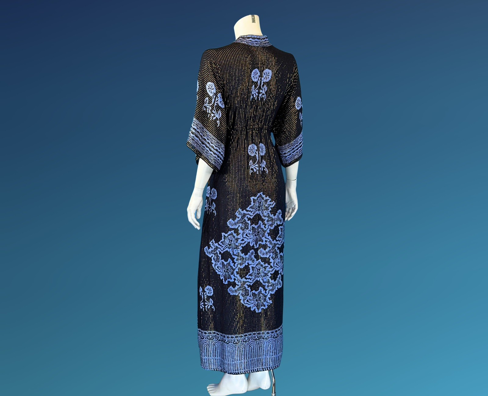 90s Gold Metallic Stripe Black and Blue Rayon Kaftan Dress | S M