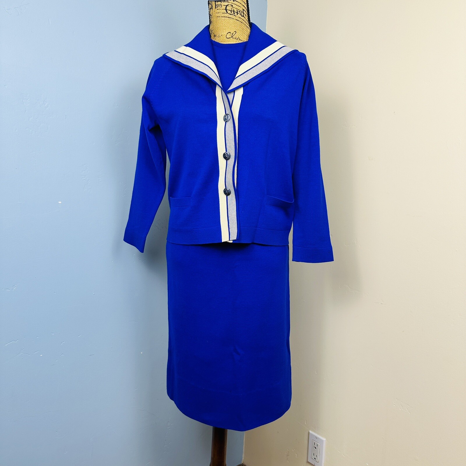 50s Amalfi Imports 3 Pc Italian Wool Knit Womens Suit Blue Pencil Skirt Sz L 12