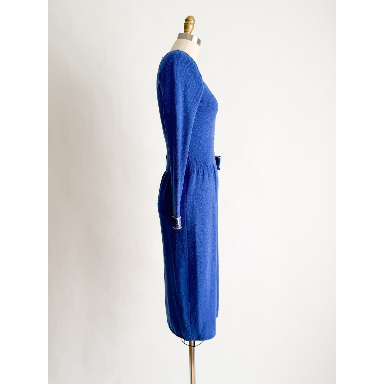 Don Sayres Wellmore Vintage Knit Dress Sequin Bow Blue Wool Blend Midi Blue S-M