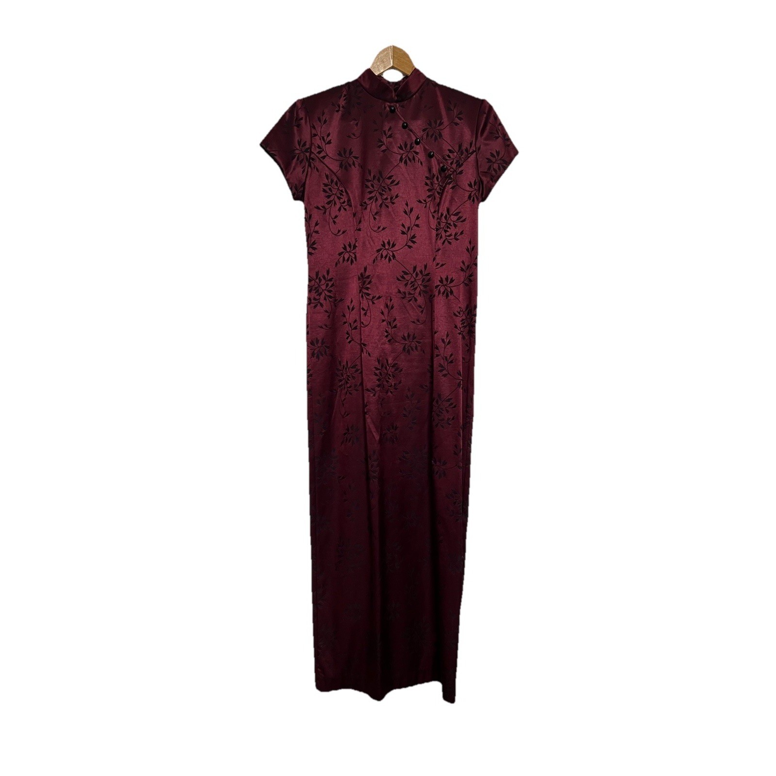 Vintage 90s Dawn Joy Satin Cheongsam Maxi Dress Burgundy Floral Goth Y2K 7/8