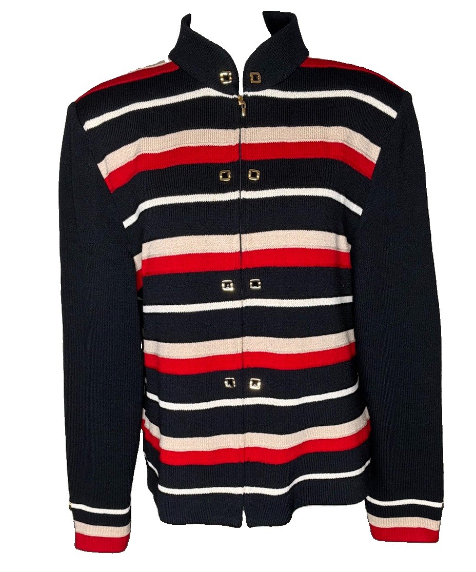 Vintage St John Collection Marie Gray Santana Knit Striped Cardigan Size 14