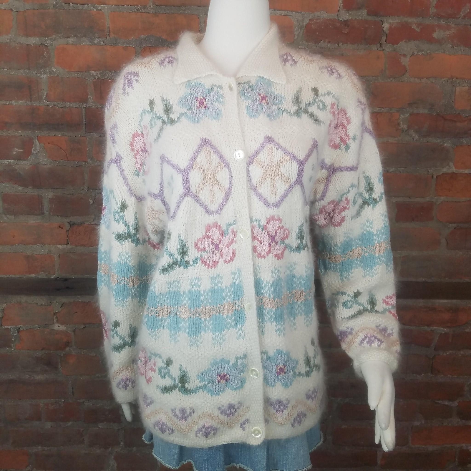 VTG Express Tricot Womens Fuzzy Cardigan Ivory Pastel HandKnit Silk Angora Sz S