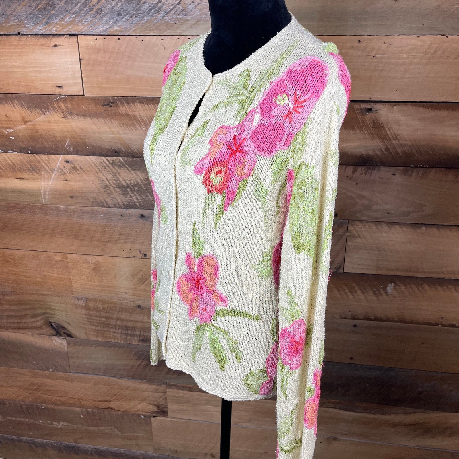 Vintage Medium David Brooks Brand Hand Knitted Cardigan Sweater Pink Flowers