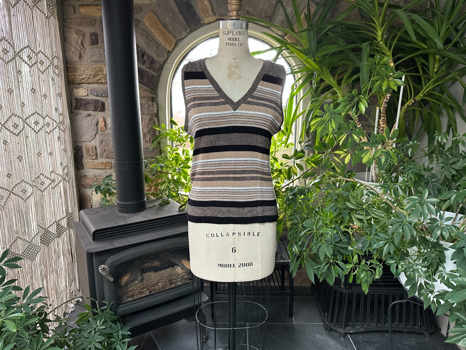 Vintage 1970s Tan Black and White Stripe V Neck Sweater Vest Campus Casual
