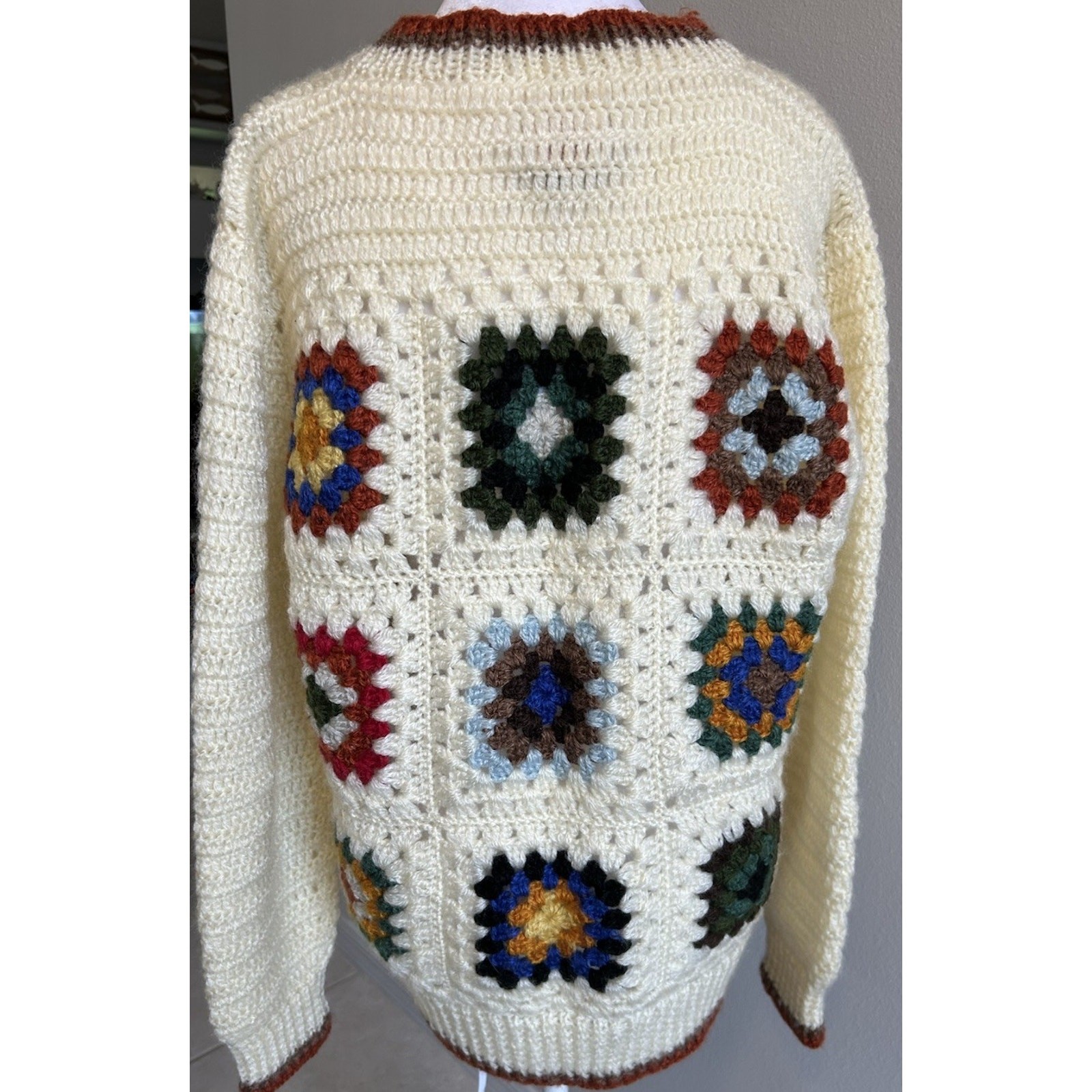 VTG 60s Granny Square Sweater Handmade Boho Hippie Crochet Knit Korean UNISEX M