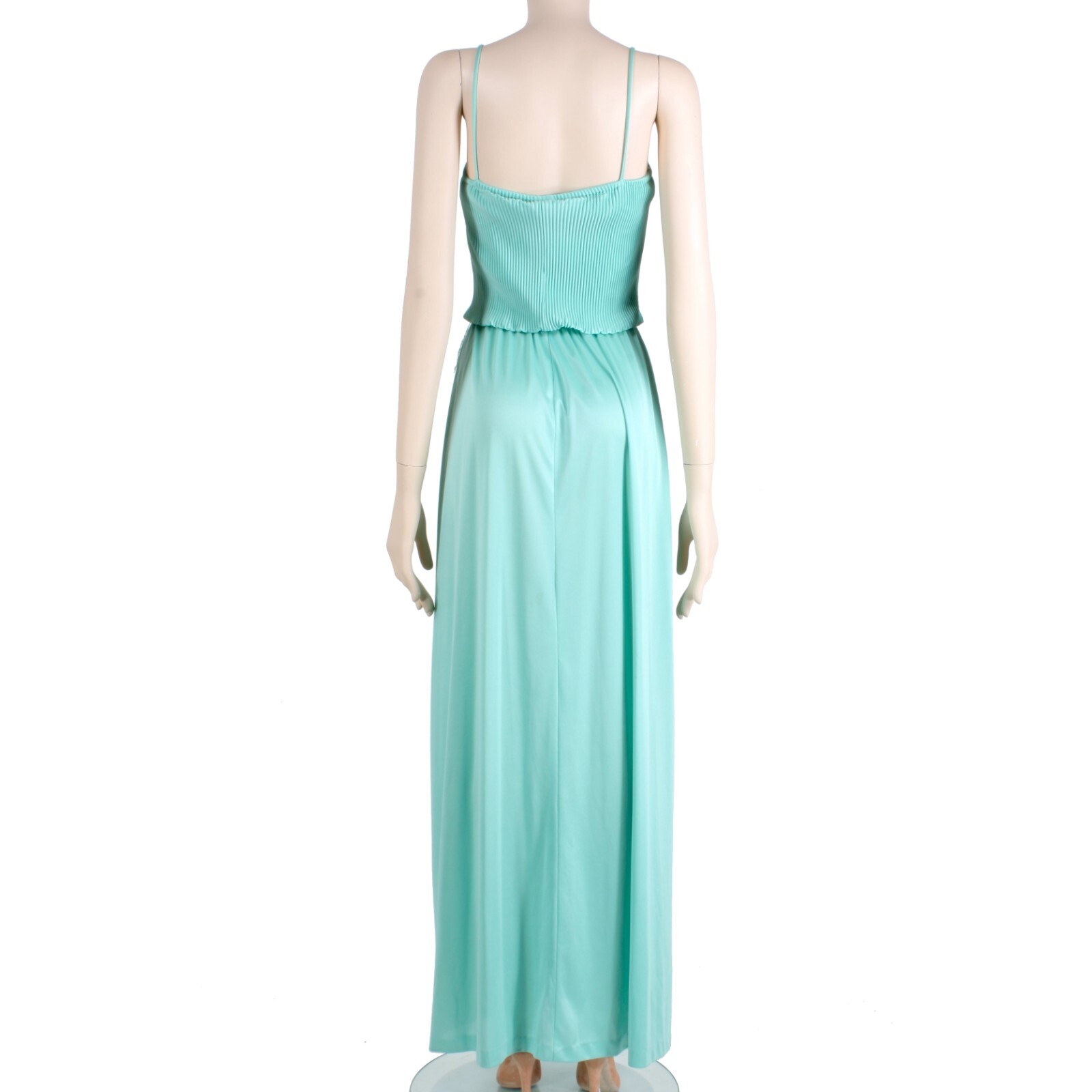 M Vintage 1970s Mint Green Aqua Silky Casual Sleeveless Maxi Dress 70s