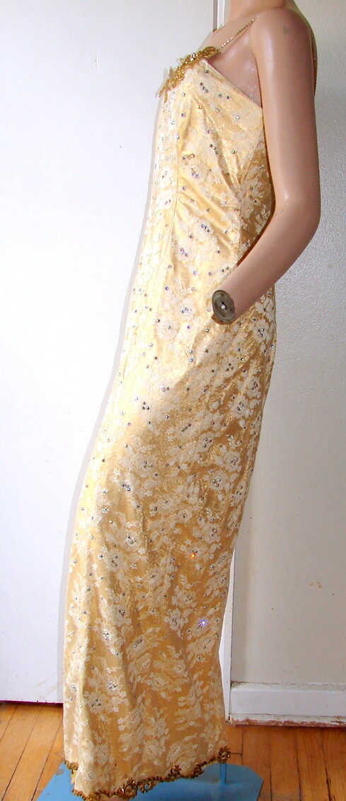1980s GOLD LONG DRESS w/Lace and Rhinestones; Fancy Trim d1-2