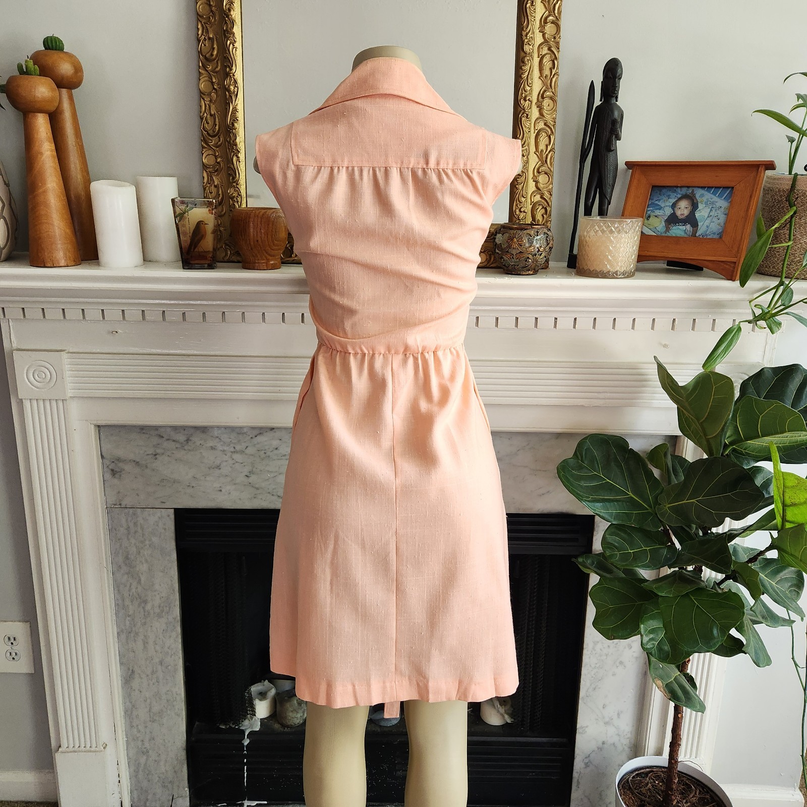 Vintage 1960s / 1970s Pastel Peach Dress Shirtdress MCM Double Breasted Sz Small