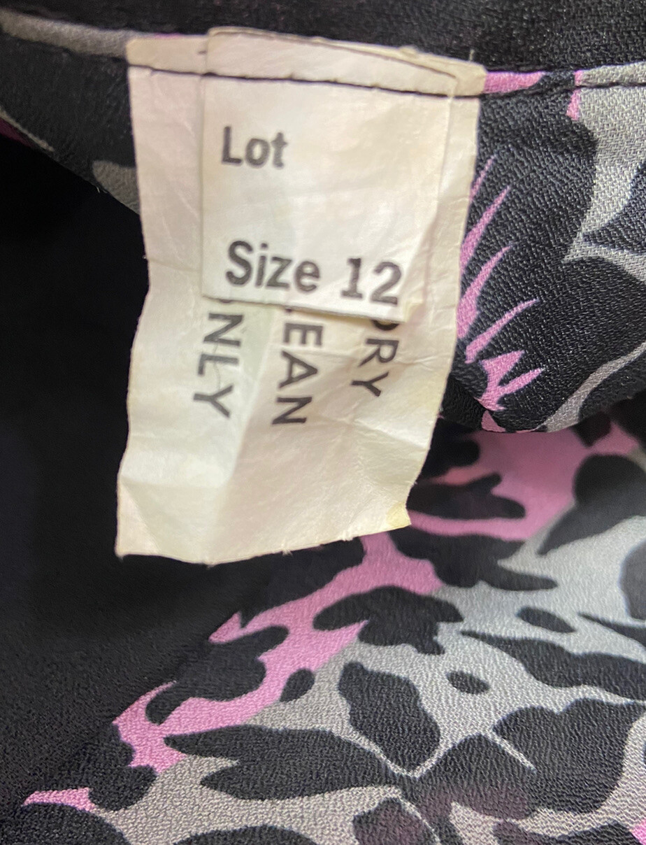 Vintage 60s Sheer Black and Purple Floral Blouson Tie Neck Dress Women’s Size 12