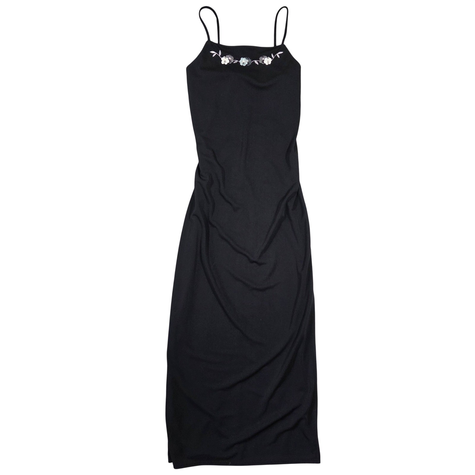 Maurices Vintage 90s Black Floral Embroidered Maxi Slip Dress Square Neck Small