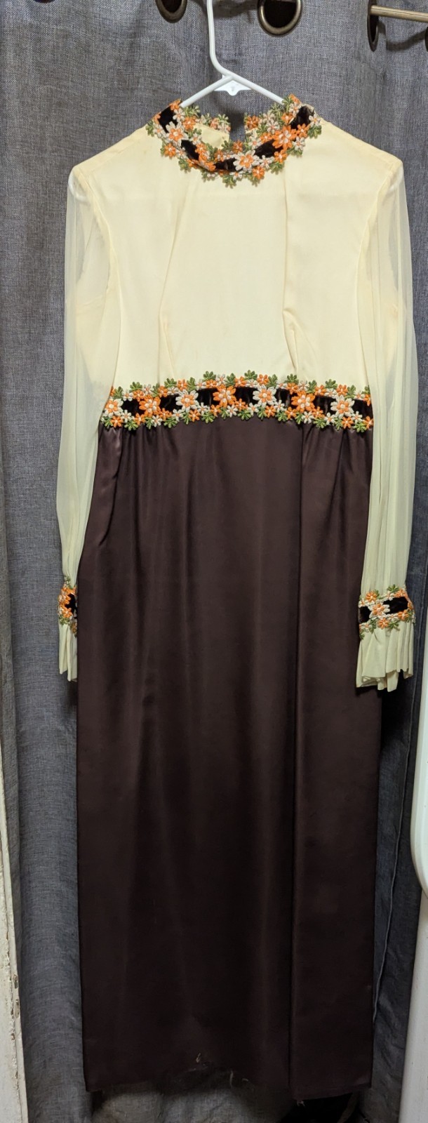 60s 70s Maxi Gown Satin Chiffon Sleeves Brocade Flower Trim